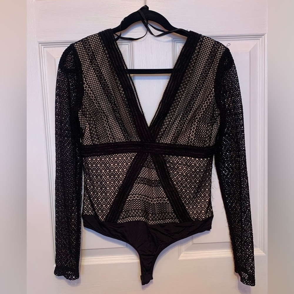 bebe Black Lace Long-Sleeve Deep V Bodysuit